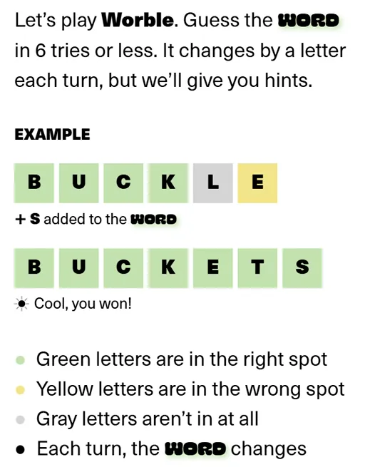 Worble opening guess with hidden letter boxes on the board